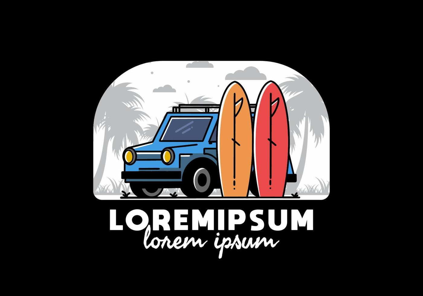 Small car and two surfboards illustration vector