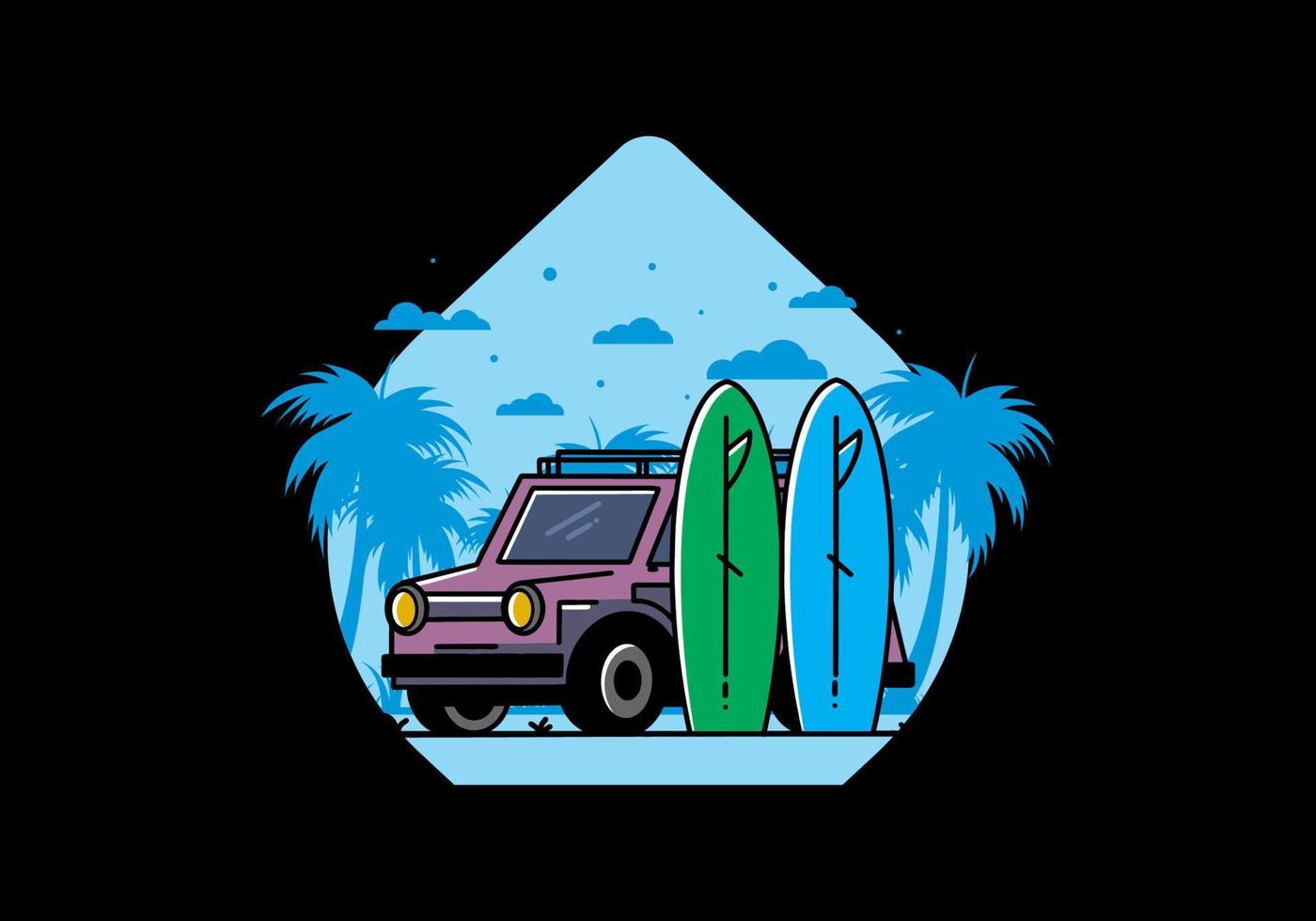 ilustración de coche pequeño y dos tablas de surf vector