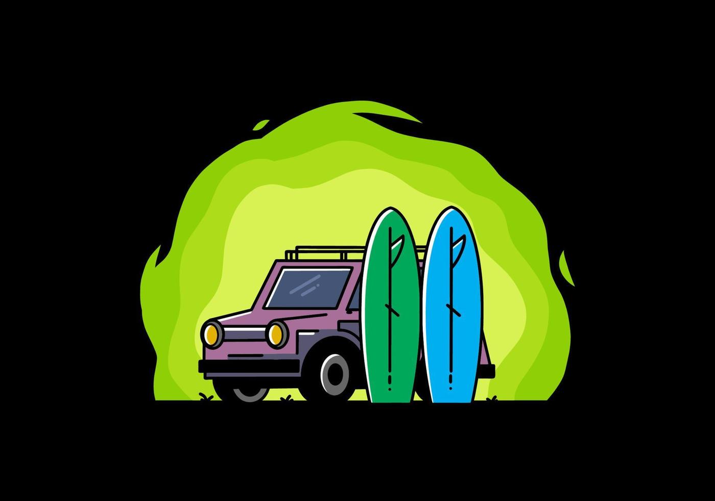 Small car and two surfboards illustration vector