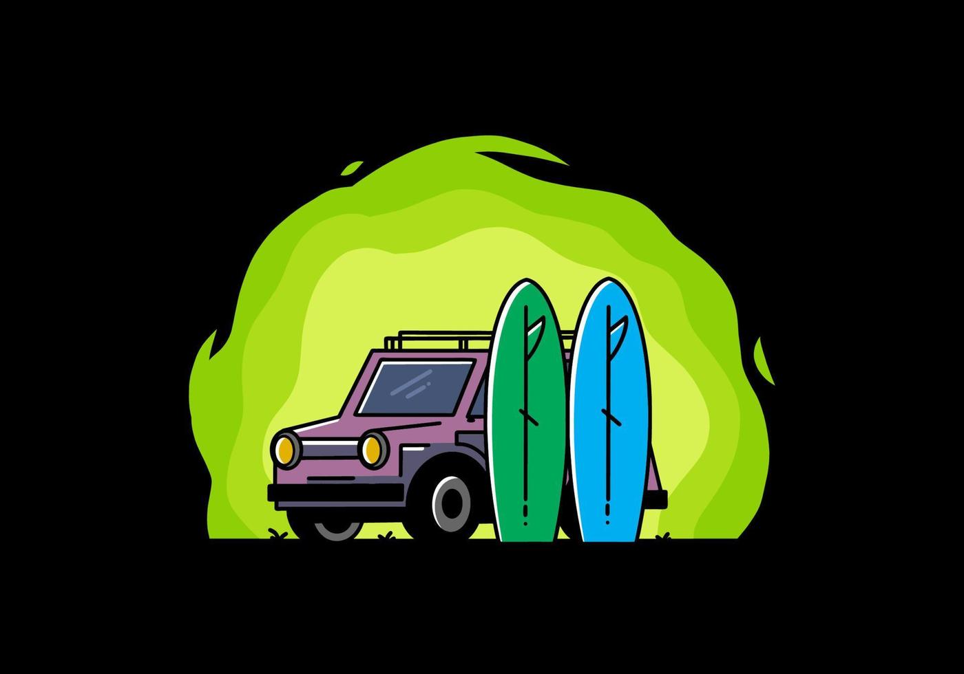 ilustración de coche pequeño y dos tablas de surf vector