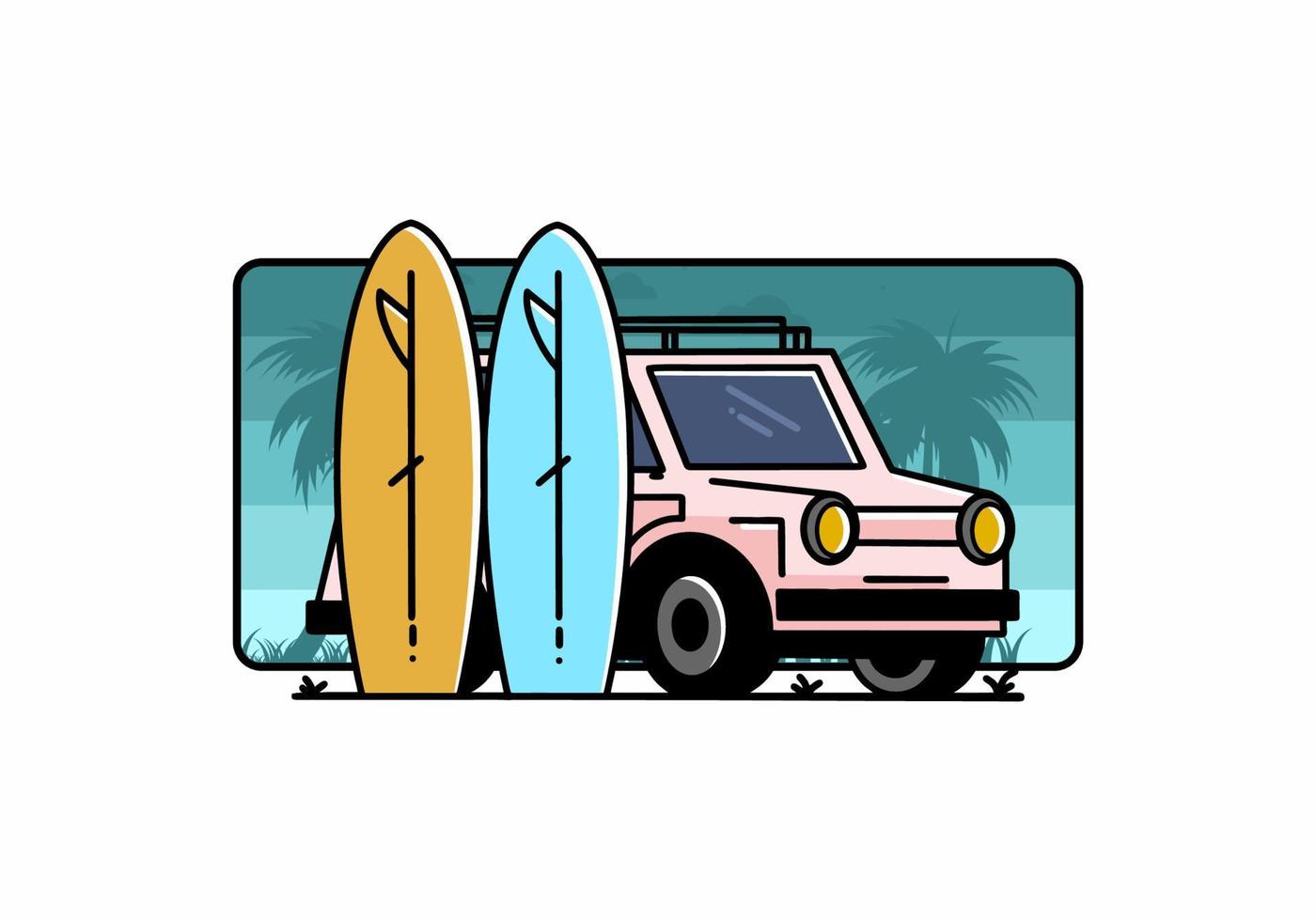 ilustración de coche pequeño y dos tablas de surf vector