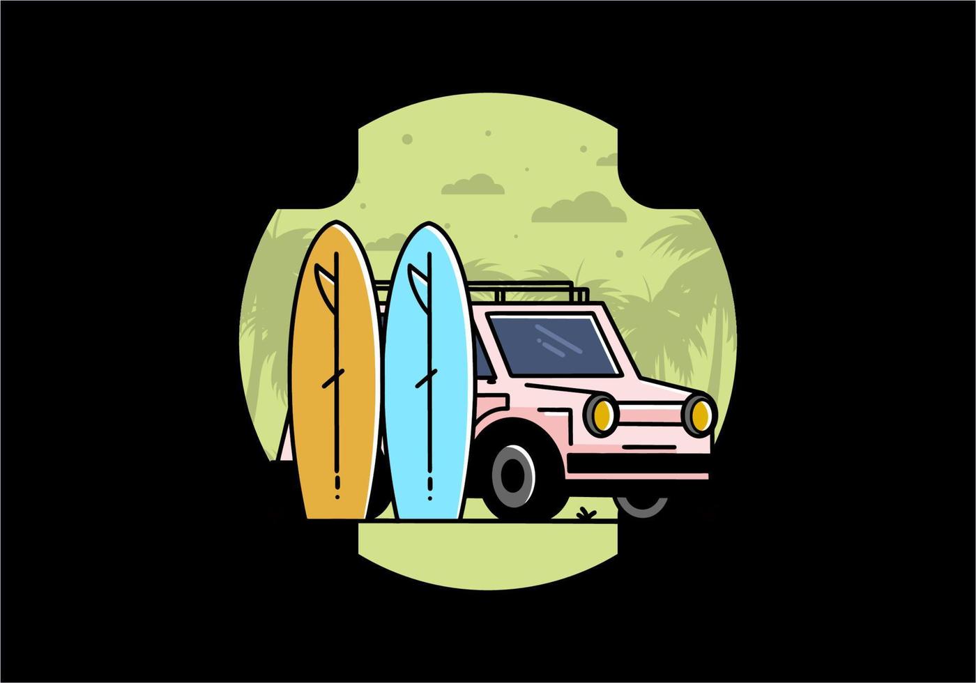 ilustración de coche pequeño y dos tablas de surf vector