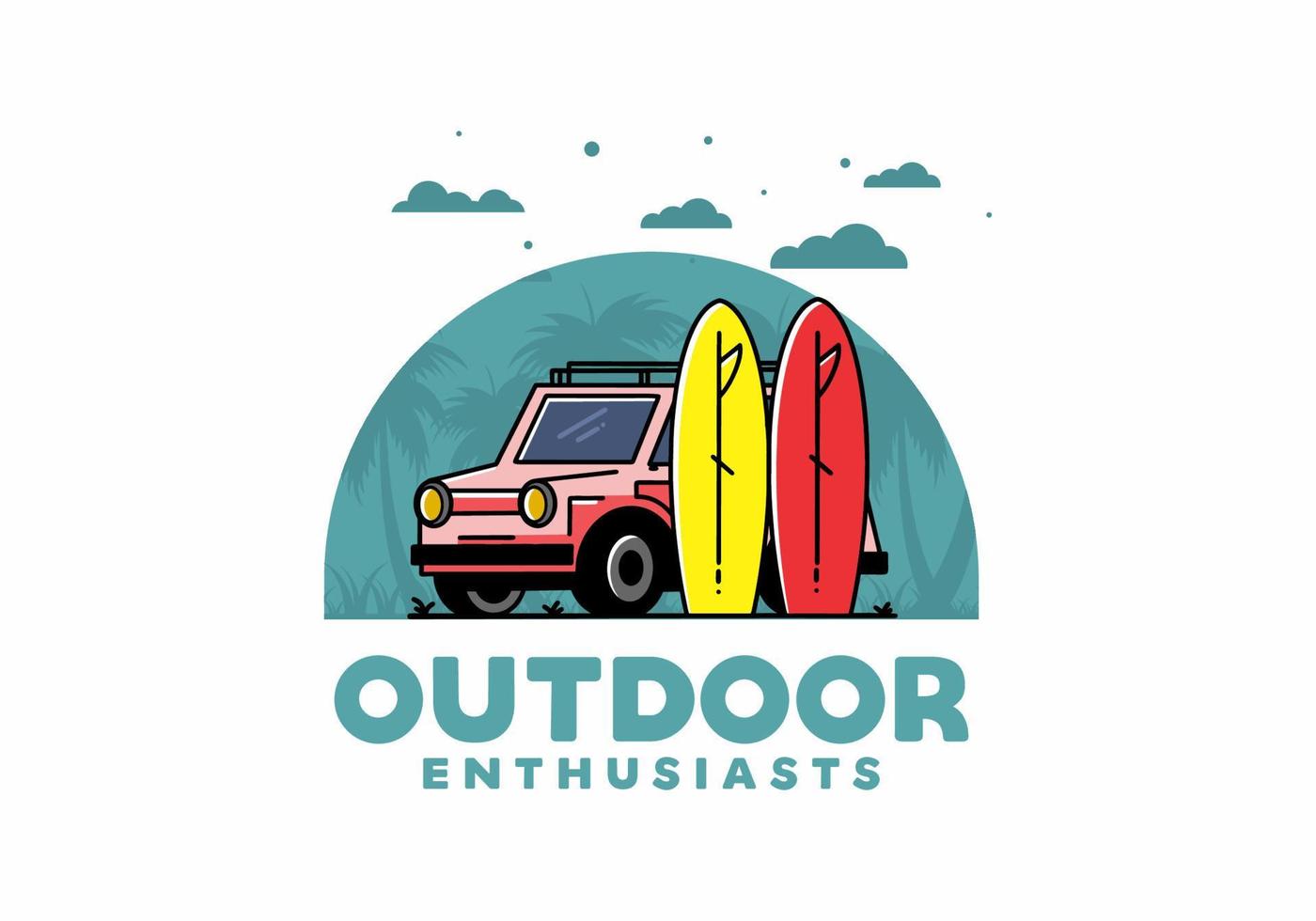 Small car and two surfboards illustration vector