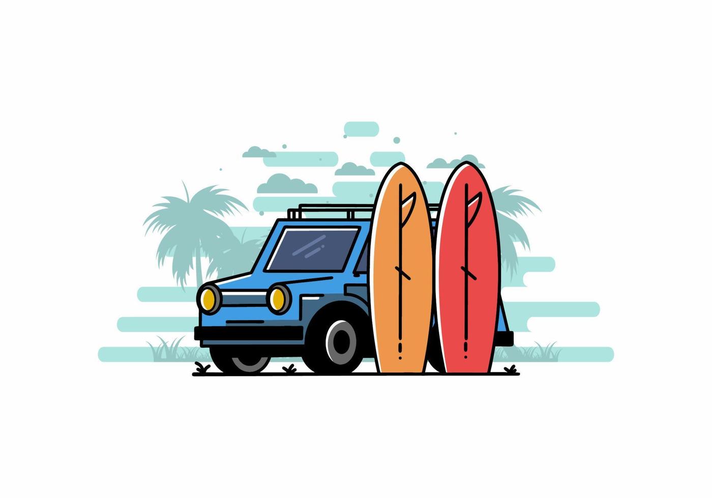 Small car and two surfboards illustration vector