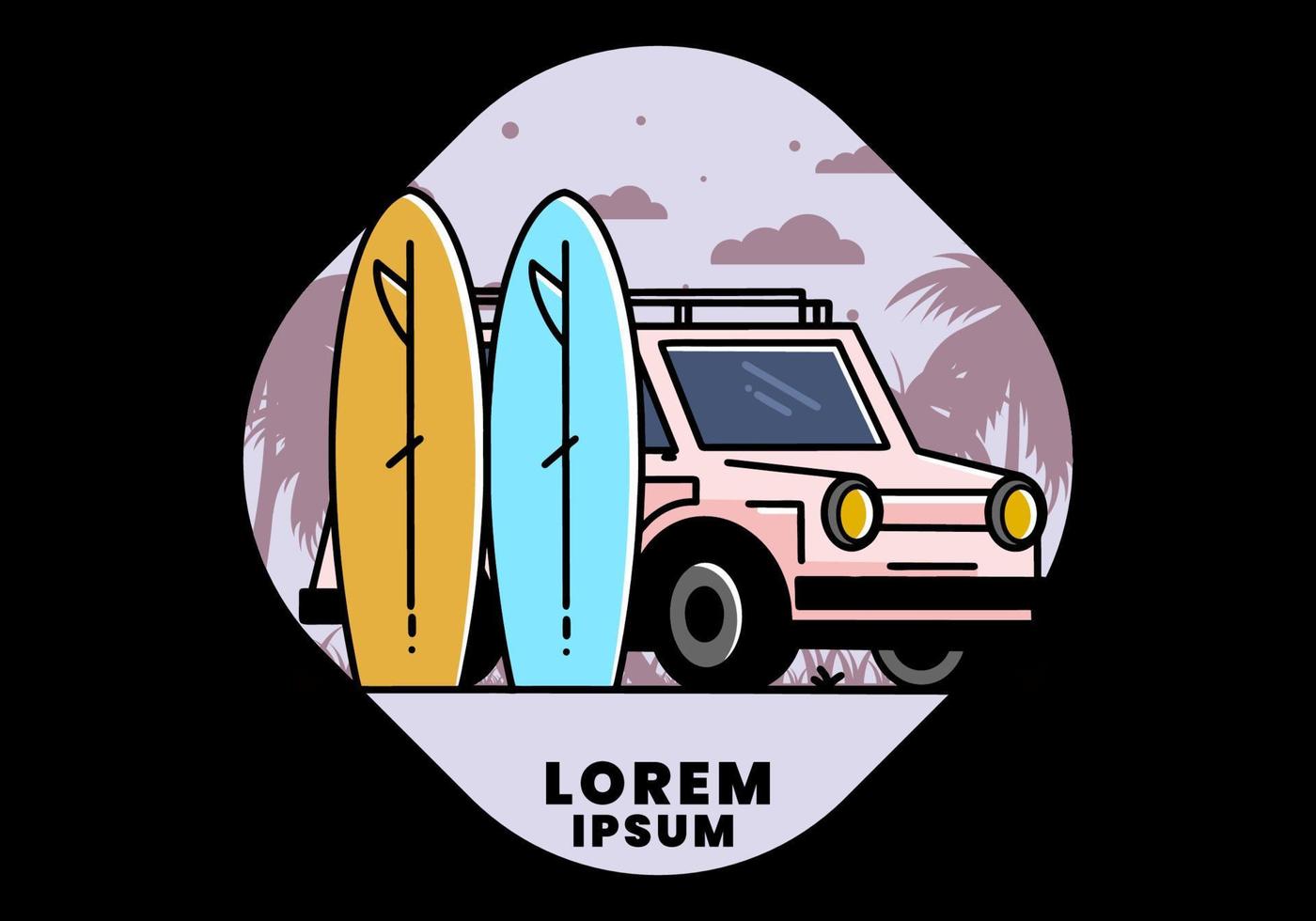 Small car and two surfboards illustration vector