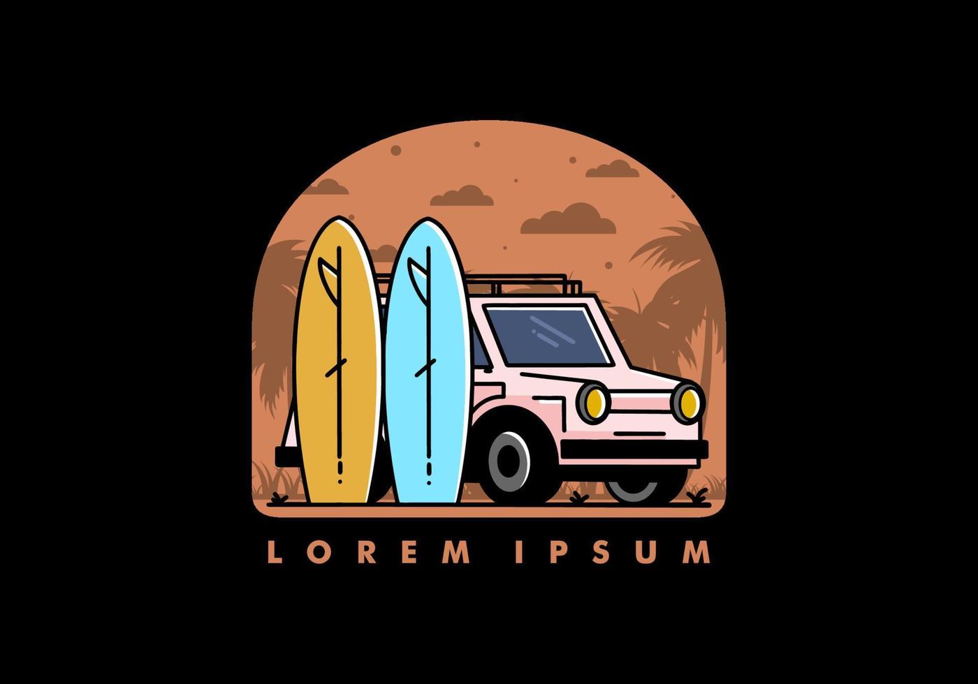 ilustración de coche pequeño y dos tablas de surf vector