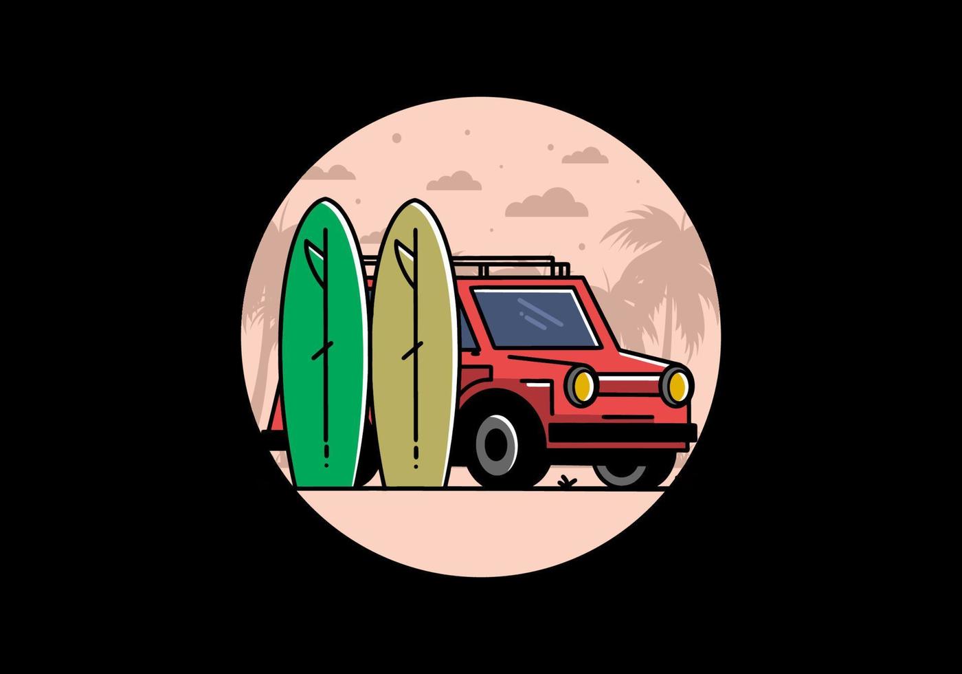 ilustración de coche pequeño y dos tablas de surf vector