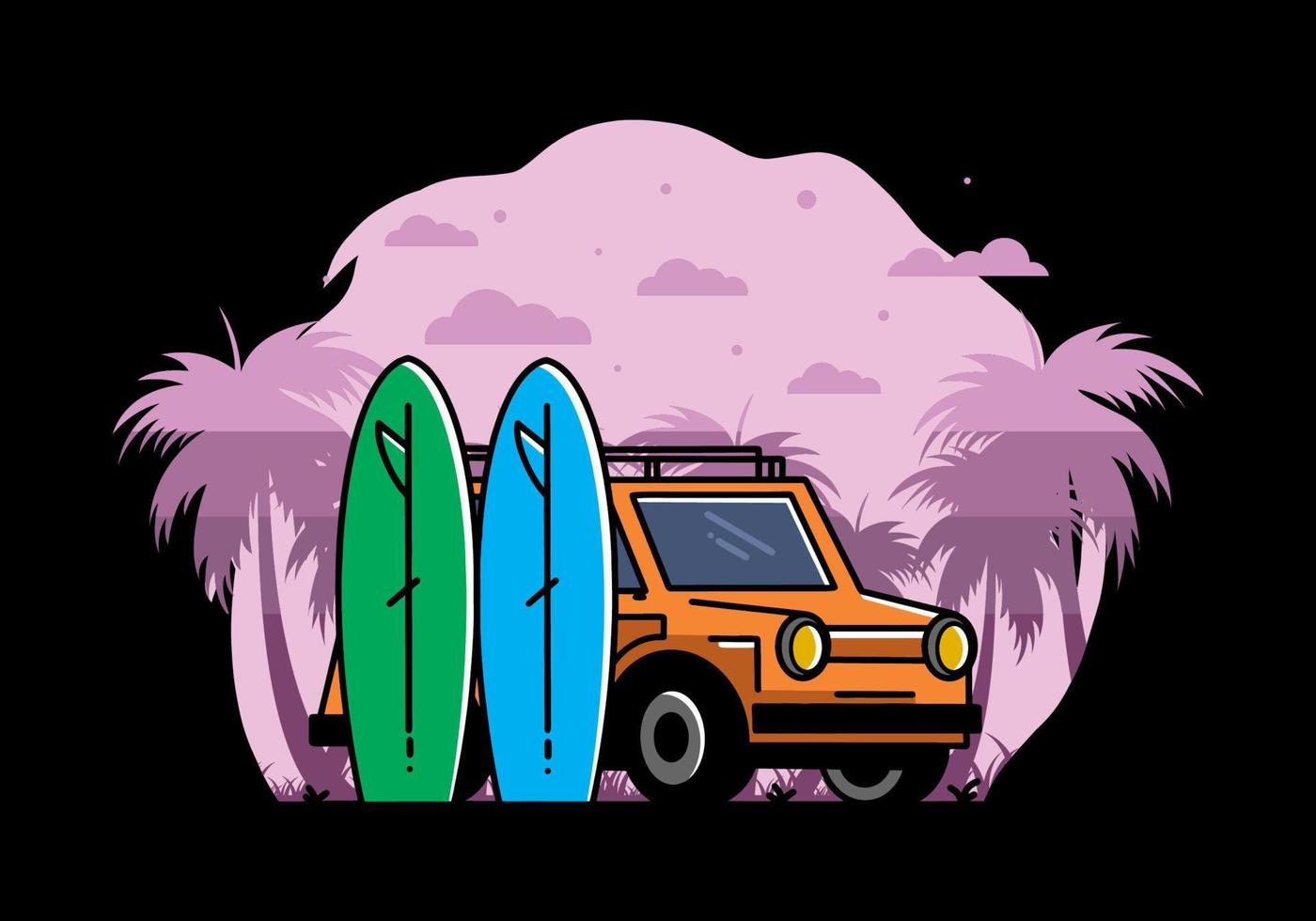 Small car and two surfboards illustration vector