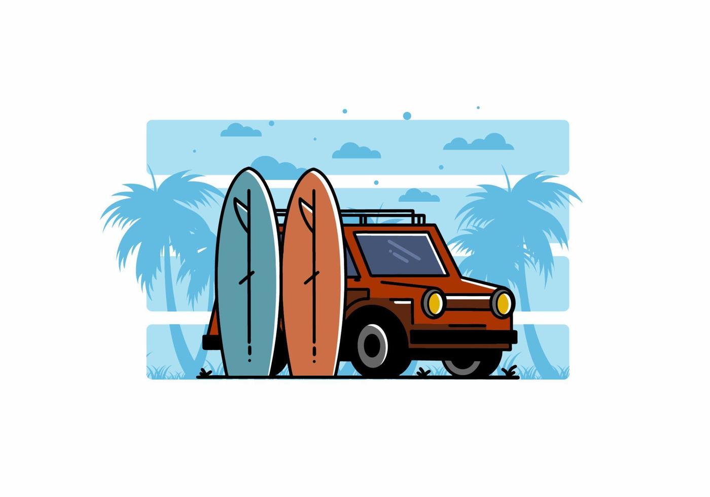 ilustración de coche pequeño y dos tablas de surf vector