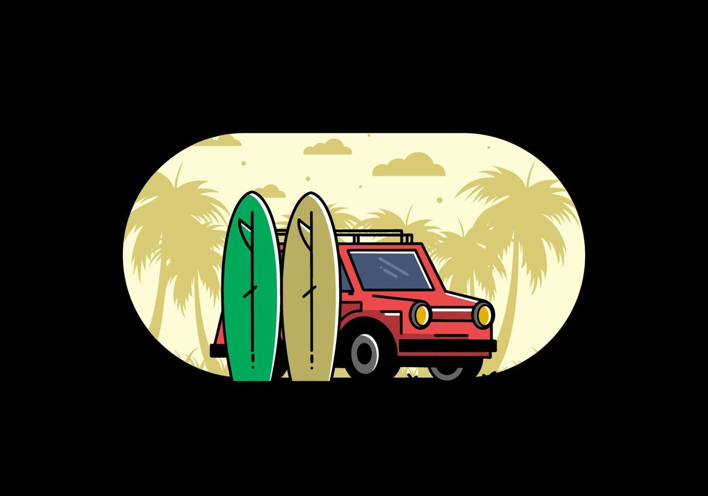 Small car and two surfboards illustration vector