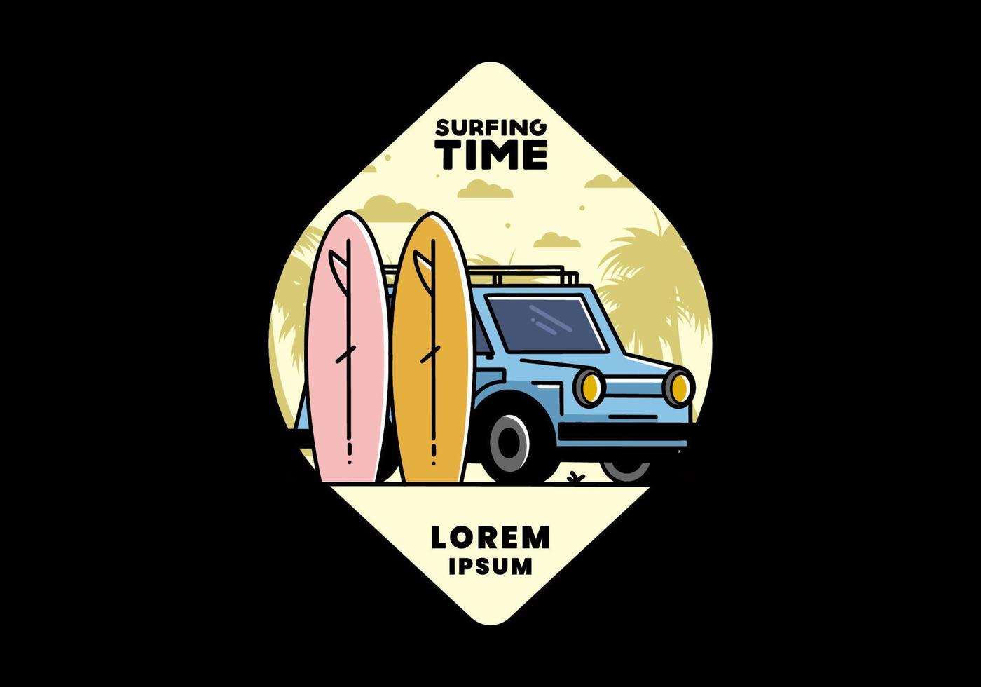 Small car and two surfboards illustration vector