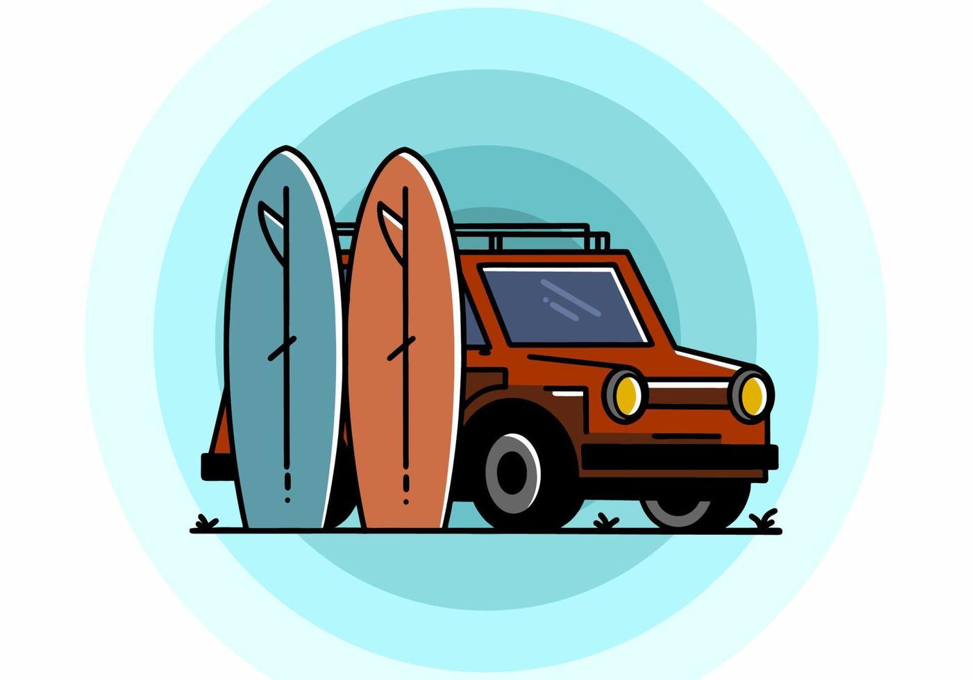 ilustración de coche pequeño y dos tablas de surf vector