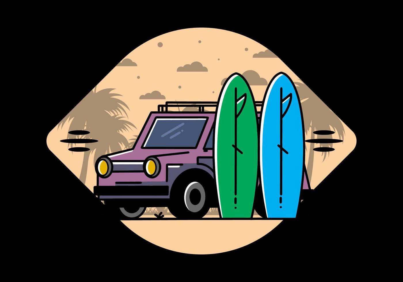 ilustración de coche pequeño y dos tablas de surf vector