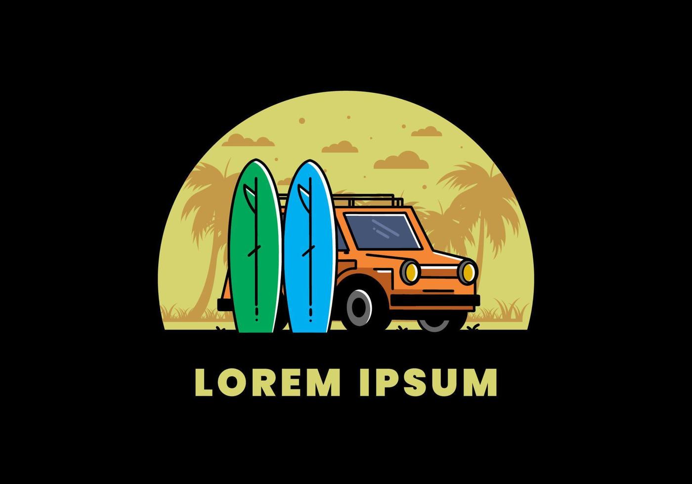 Small car and two surfboards illustration vector
