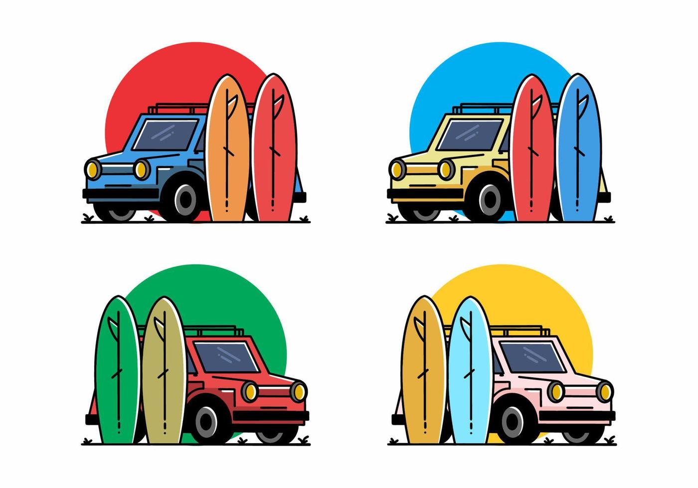 ilustración de coche pequeño y dos tablas de surf vector