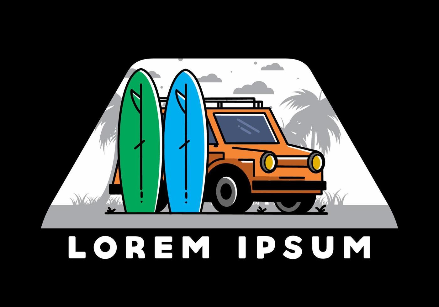 Small car and two surfboards illustration vector