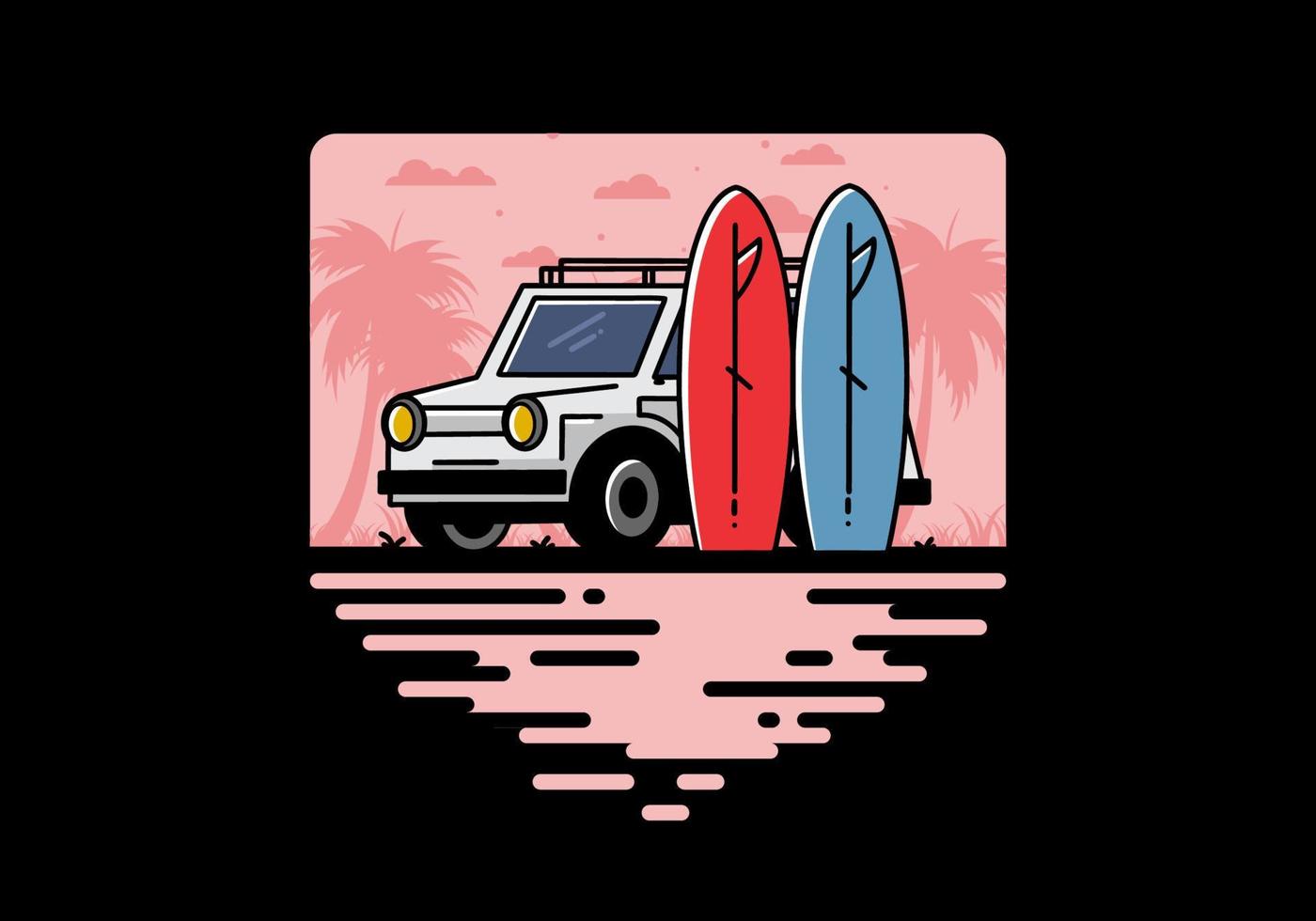 Small car and two surfboards illustration vector