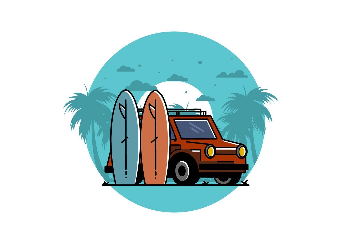 ilustración de coche pequeño y dos tablas de surf vector