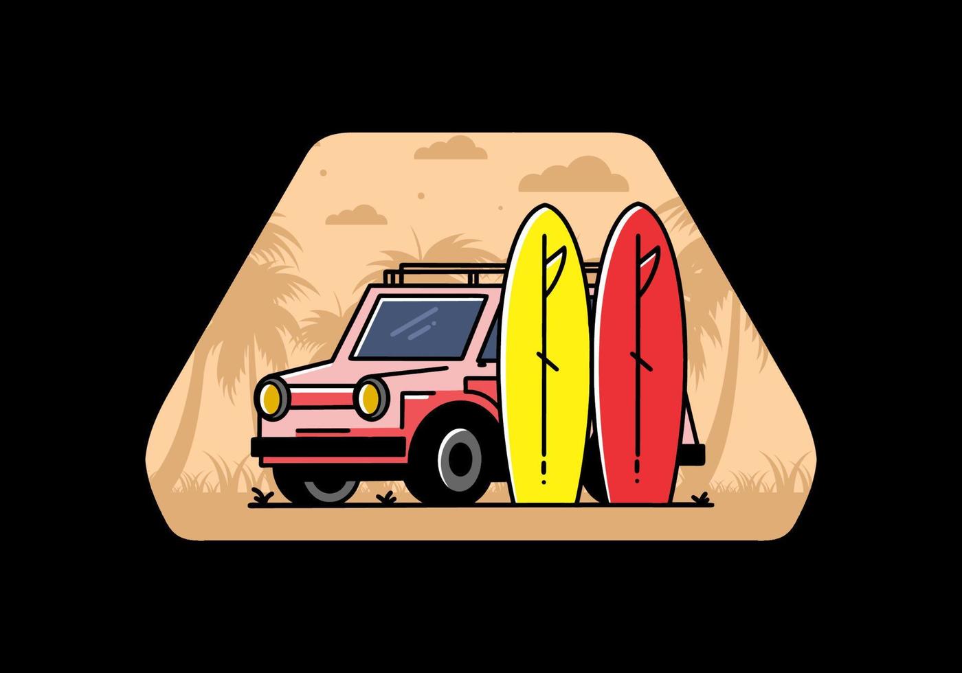 Small car and two surfboards illustration vector