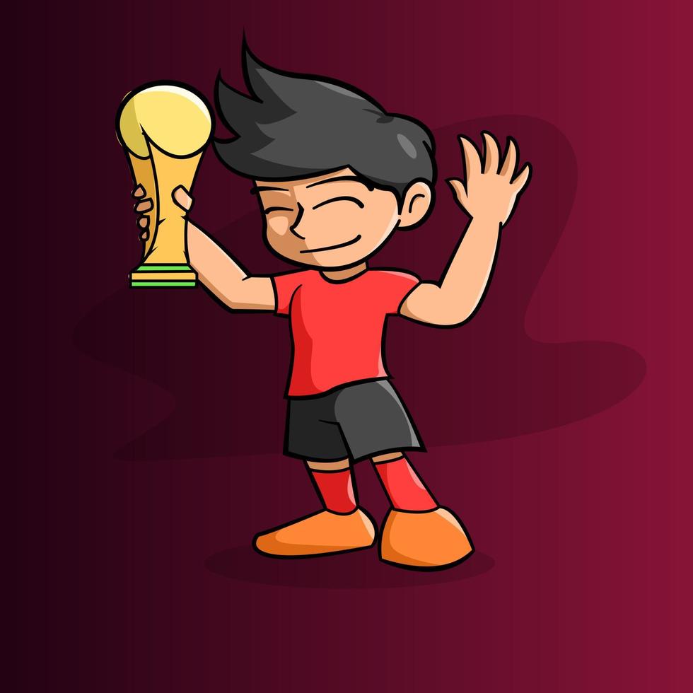 niño con trofeo ganador por celebrar el fútbol en 2022 vector