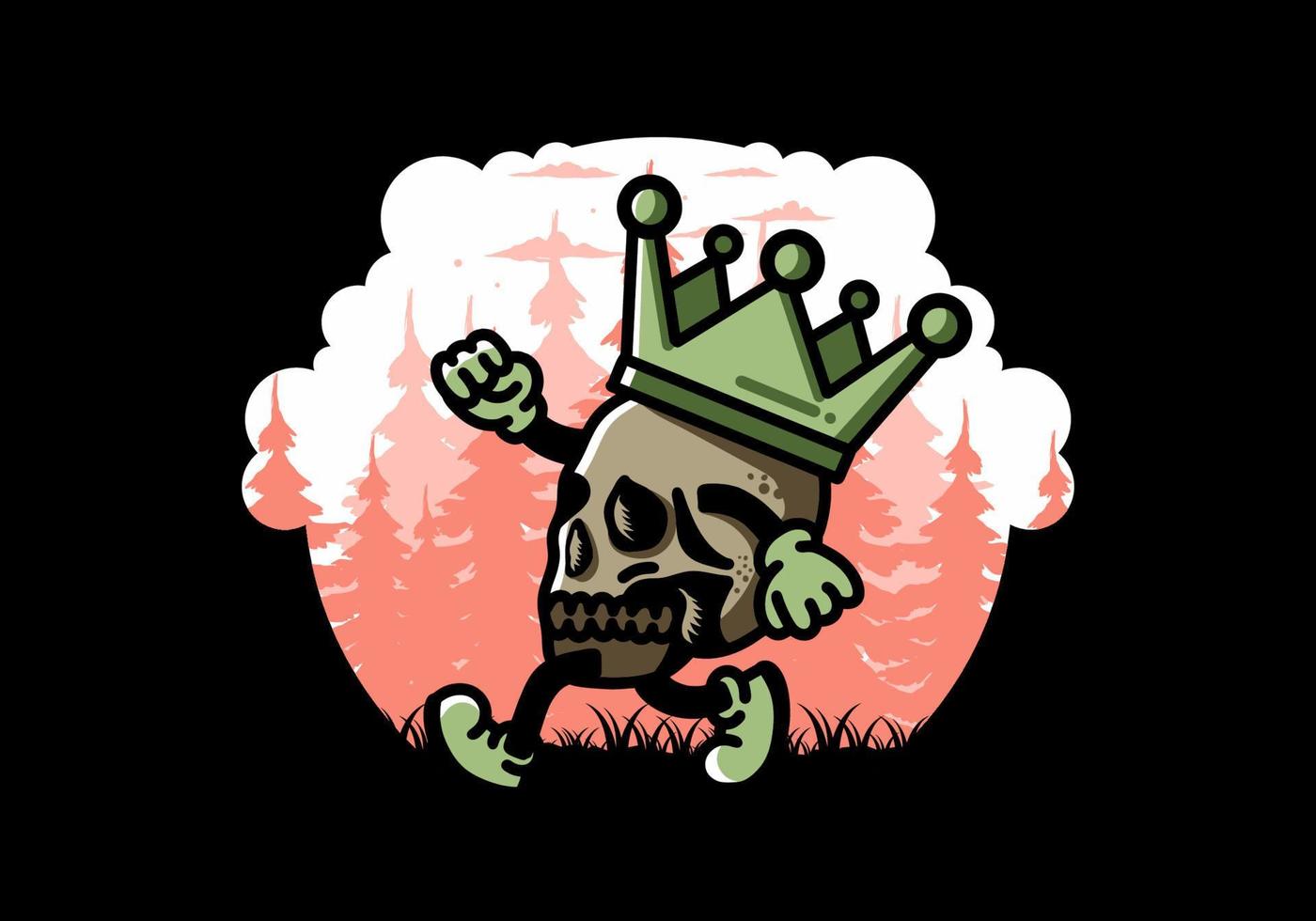Walking skull illustration wearing a big crown vector
