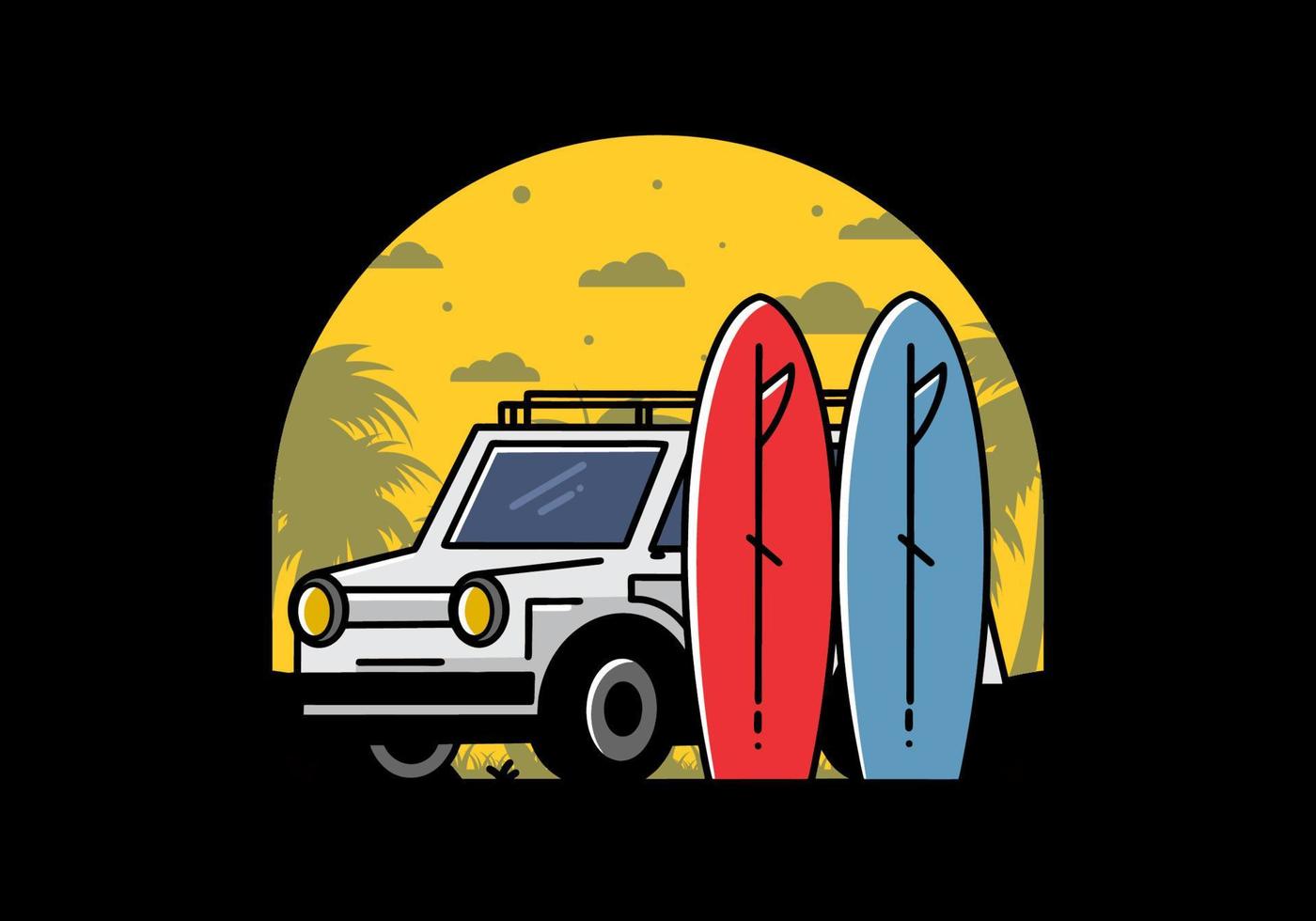 ilustración de coche pequeño y dos tablas de surf vector