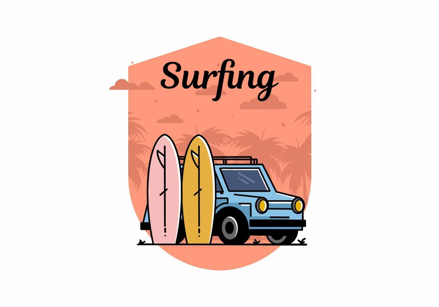 Small car and two surfboards illustration vector