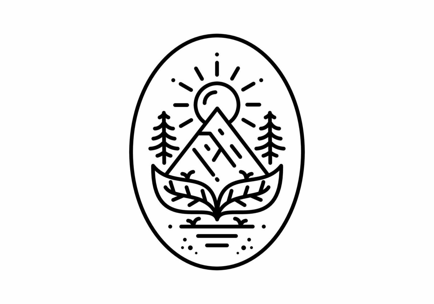 Leaf, mountain and sun line art illustration design vector