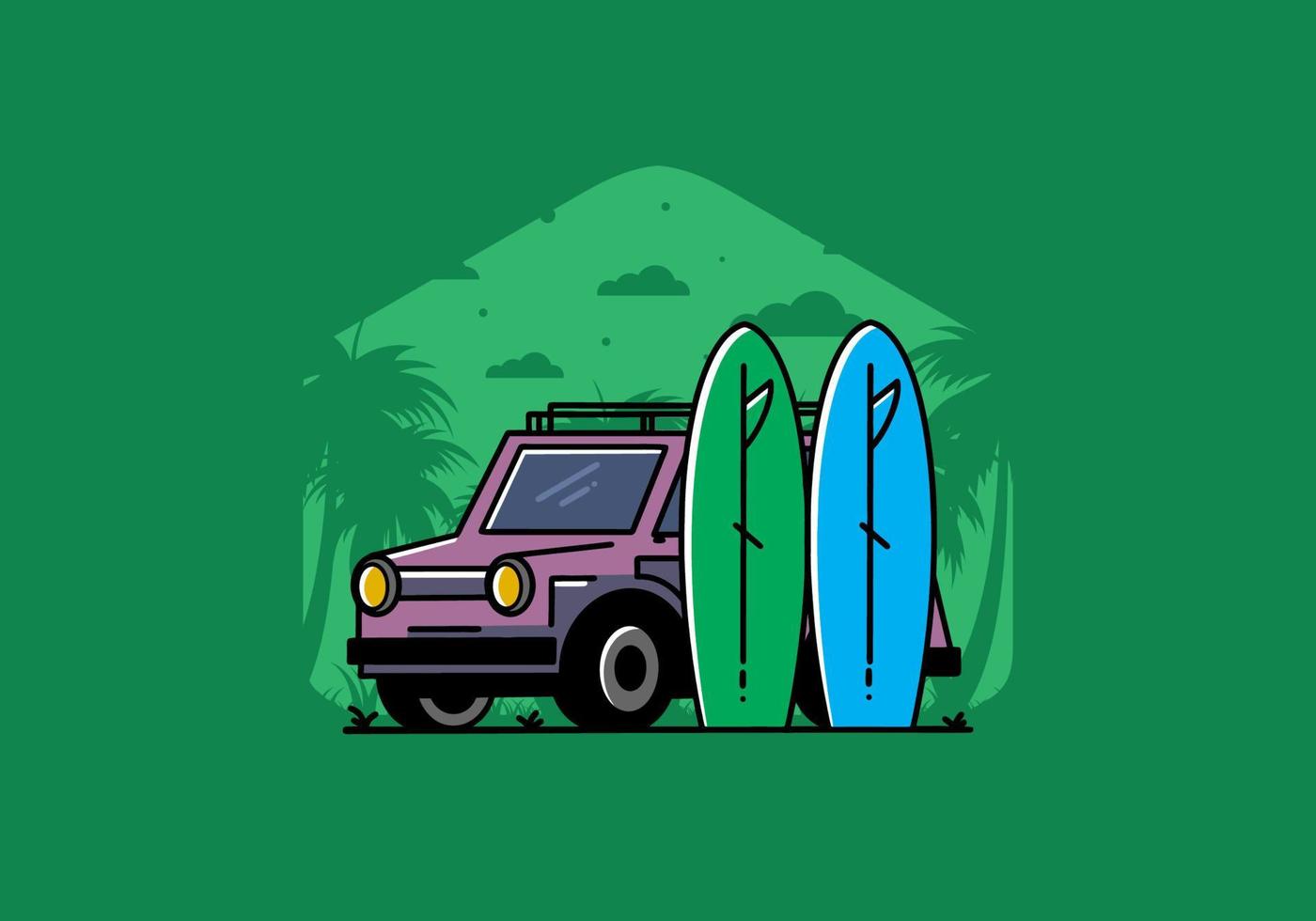 ilustración de coche pequeño y dos tablas de surf vector