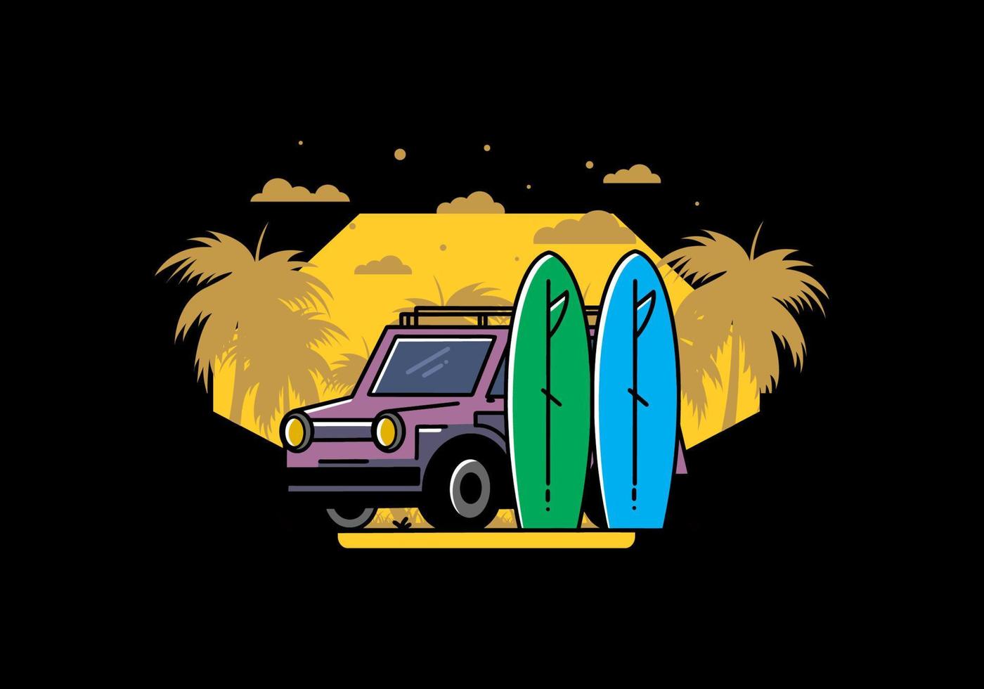 ilustración de coche pequeño y dos tablas de surf vector