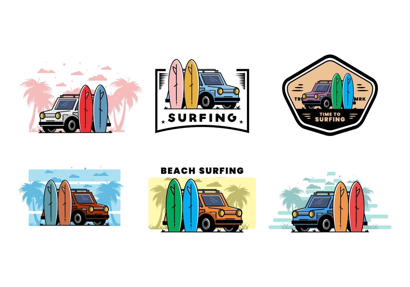 Small car and two surfboards illustration vector