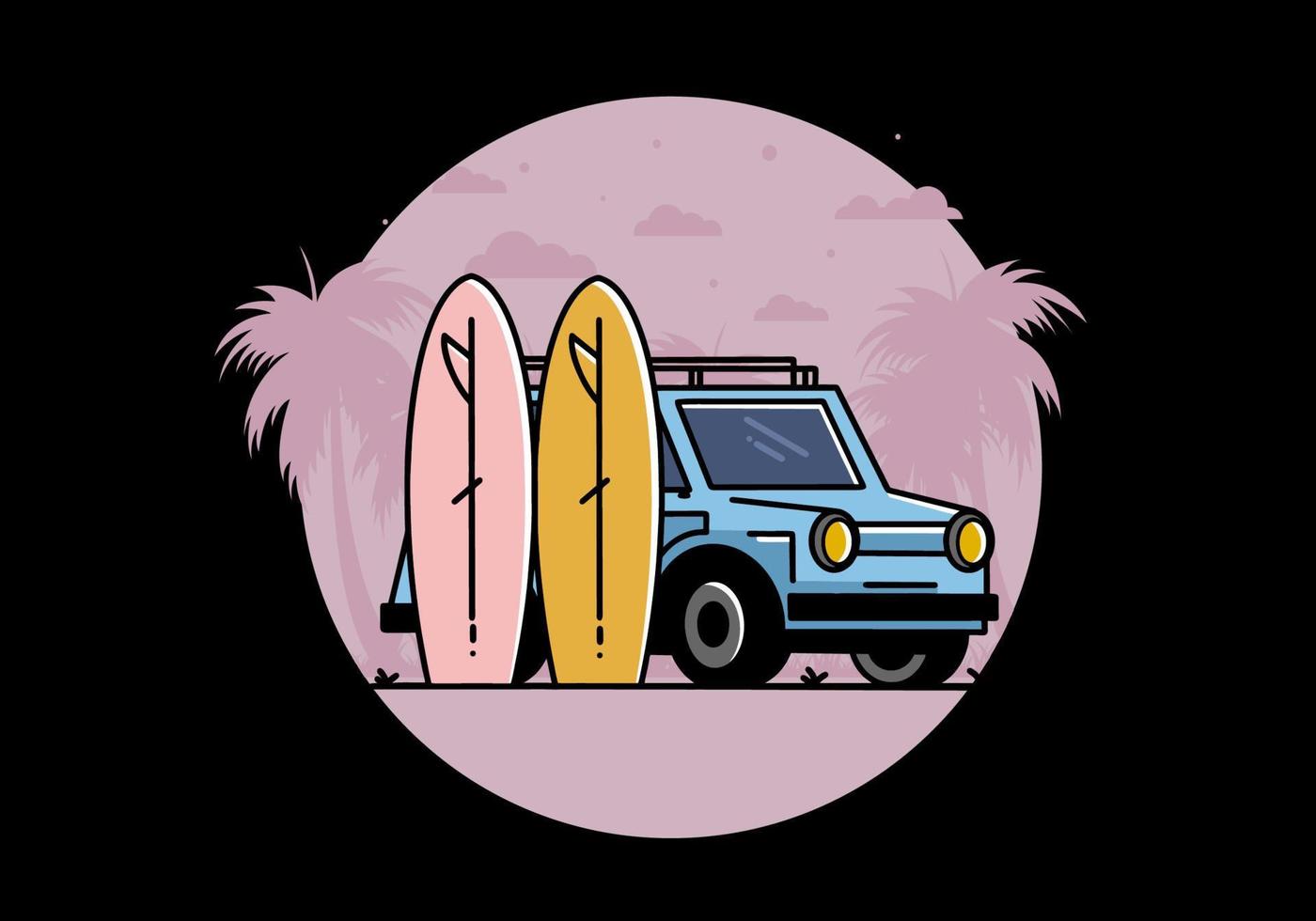 Small car and two surfboards illustration vector