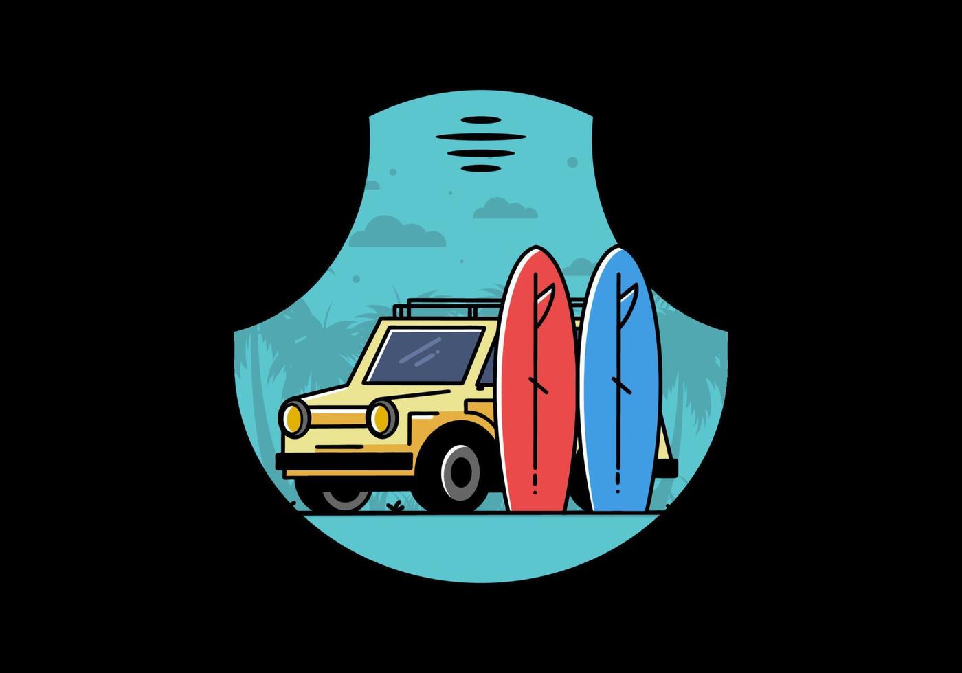 ilustración de coche pequeño y dos tablas de surf vector