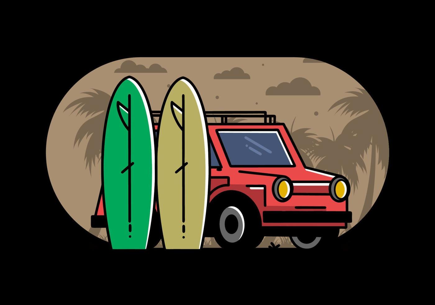 ilustración de coche pequeño y dos tablas de surf vector