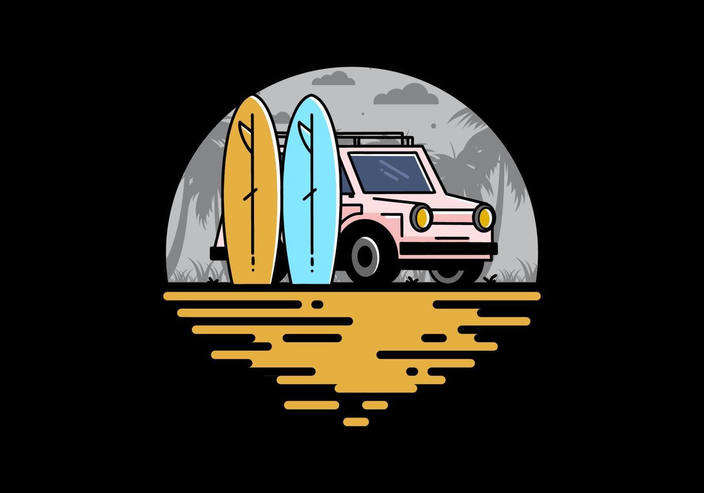 Small car and two surfboards illustration vector
