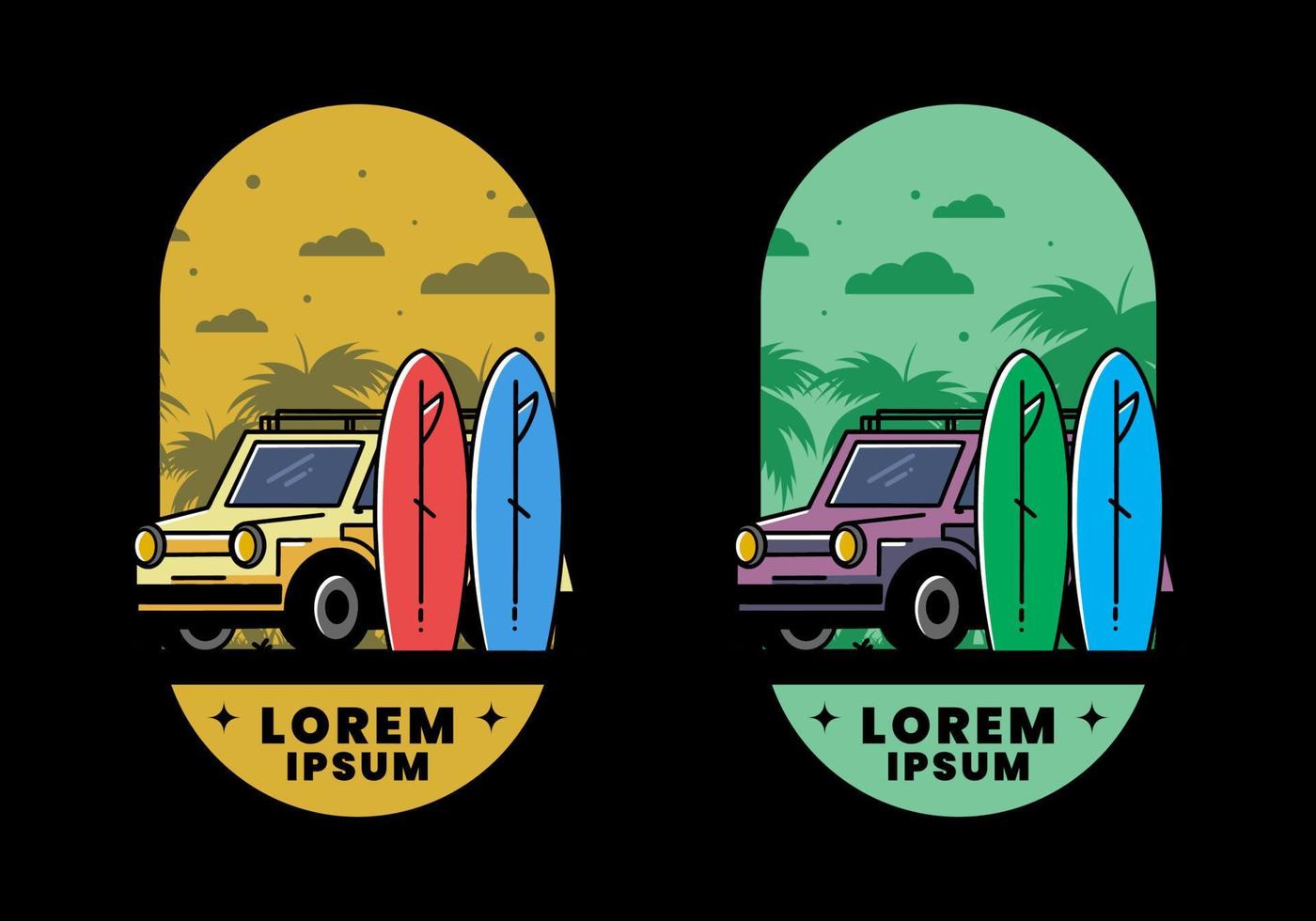 Small car and two surfboards illustration vector