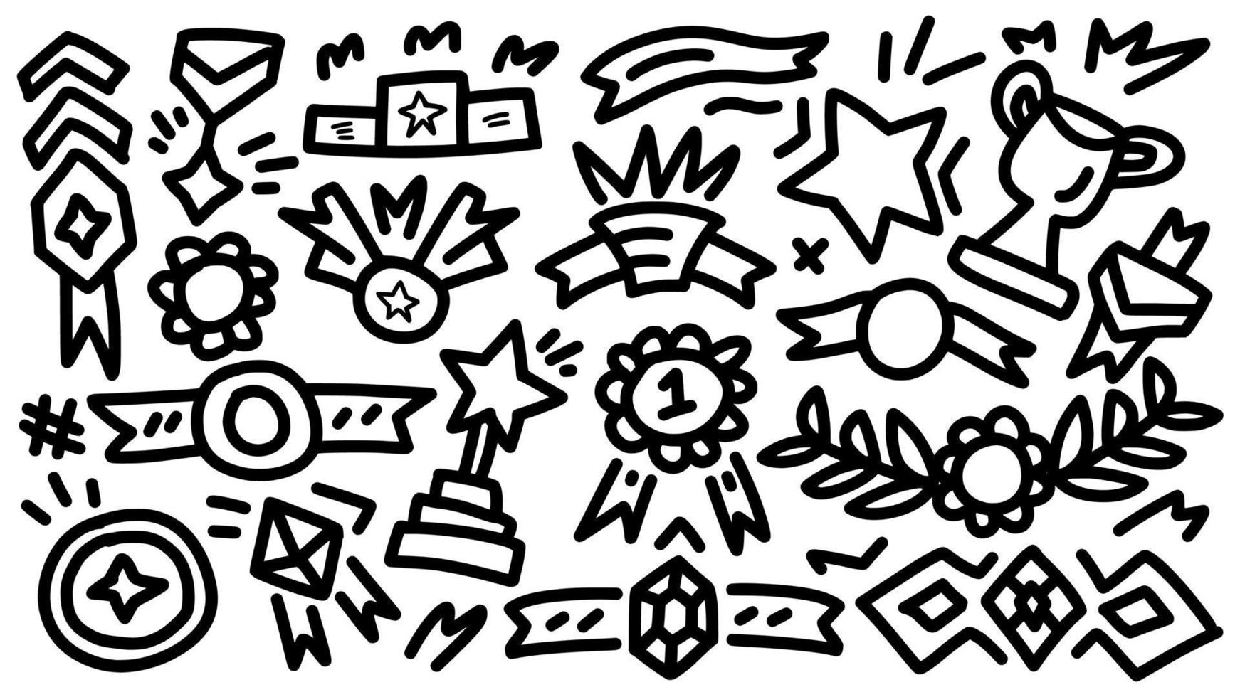 emblem and badge award or achievement icon set hand drawn doodle outline vector template illustration collection for education and coloring book
