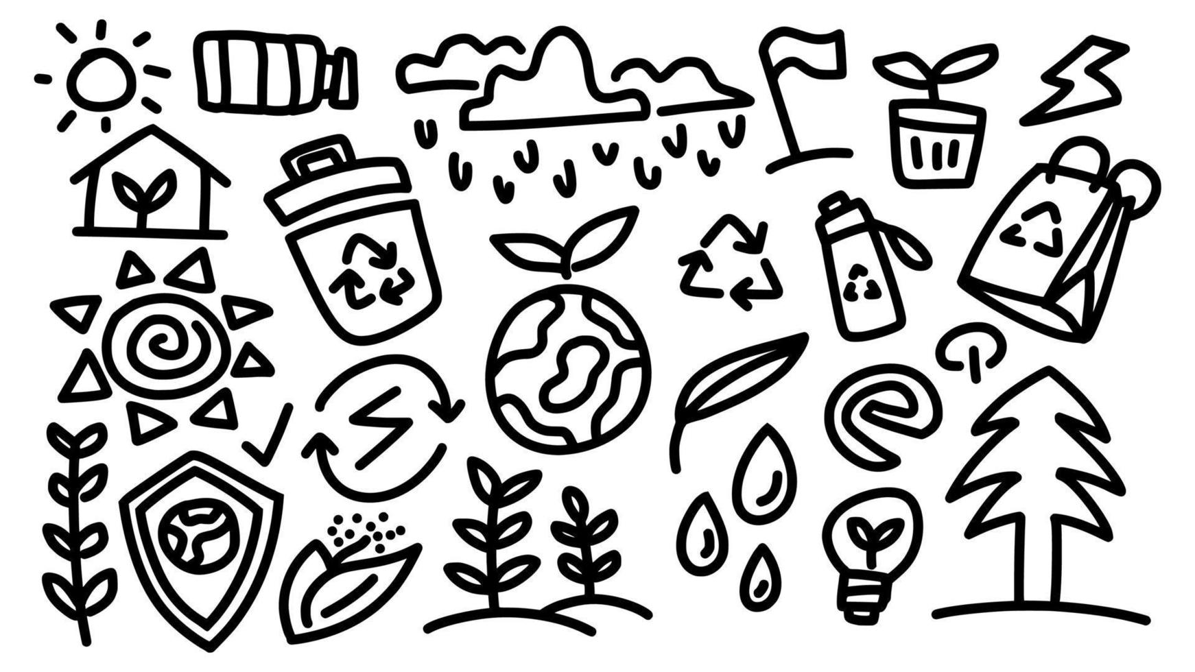 entorno ecológico y campaña de ahorro de energía conjunto de iconos dibujado a mano doodle contorno vector plantilla ilustración colección para educación y libro para colorear