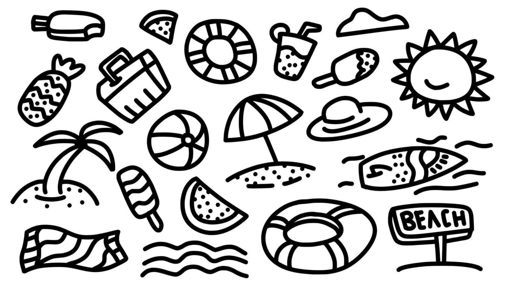 vacaciones de verano y equipo de ocio conjunto de iconos dibujado a mano doodle contorno vector plantilla ilustración colección para colorear libro