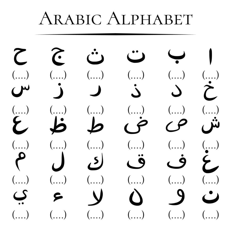 alfabeto árabe con puntos de espacio en blanco contorno dibujado a mano vector icono conjunto ilustración