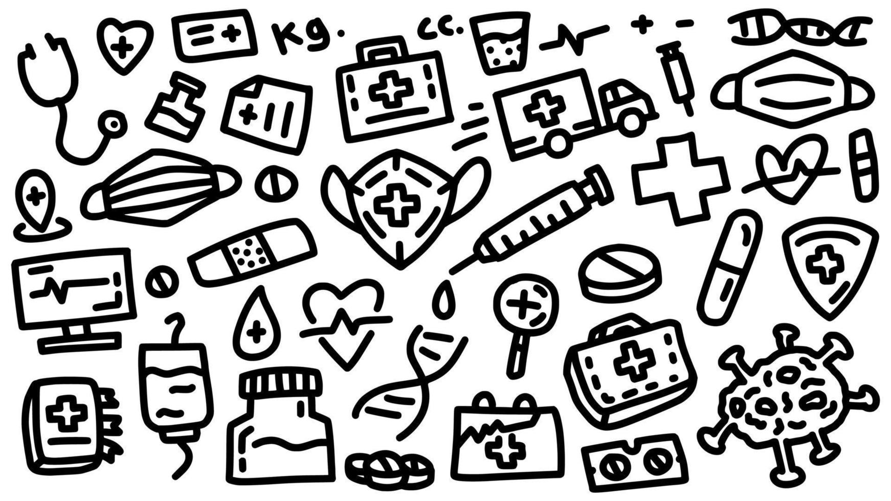 health and hospital equipment icon set hand drawn doodle outline vector template illustration collection