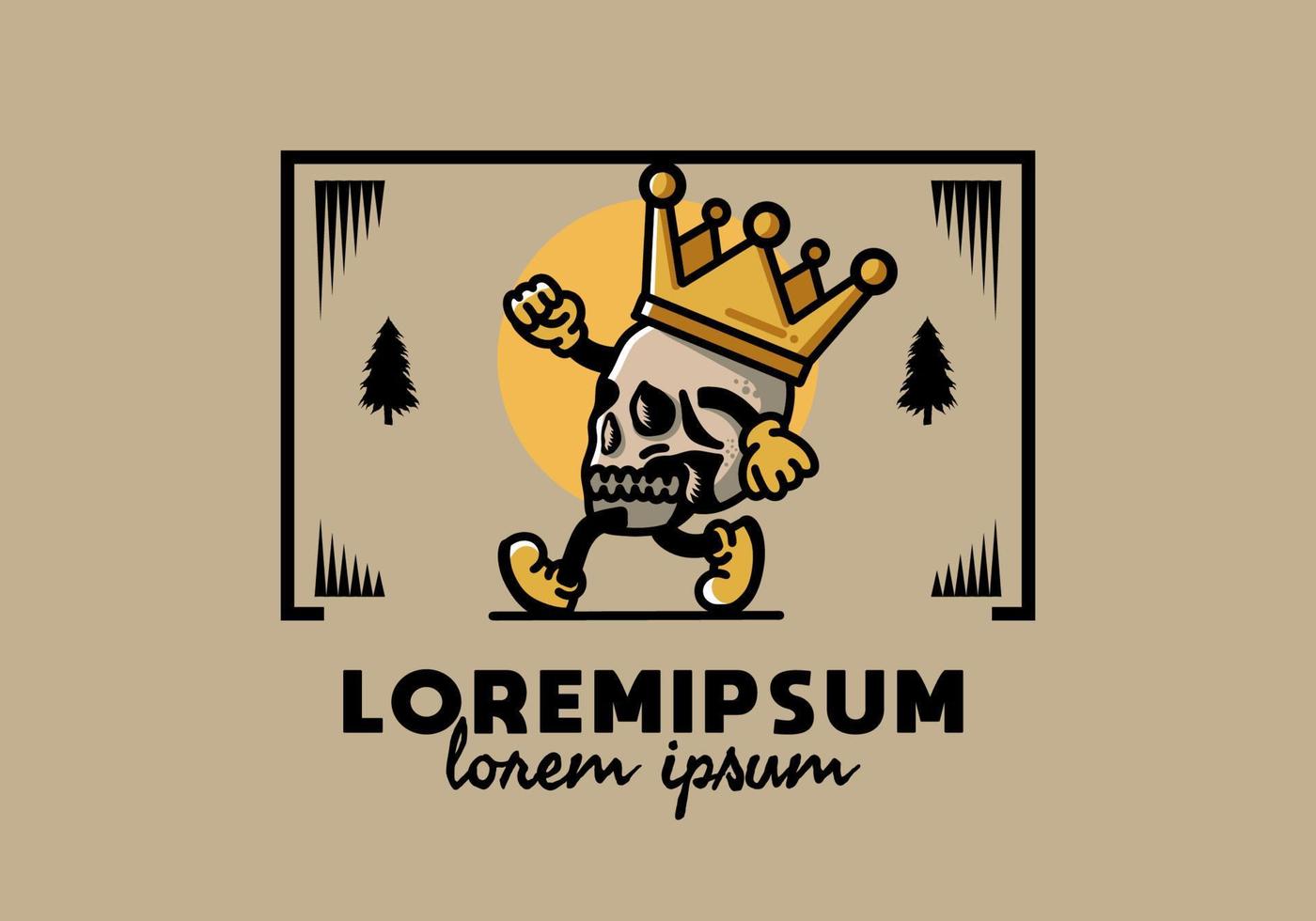 Walking skull illustration wearing a big crown vector