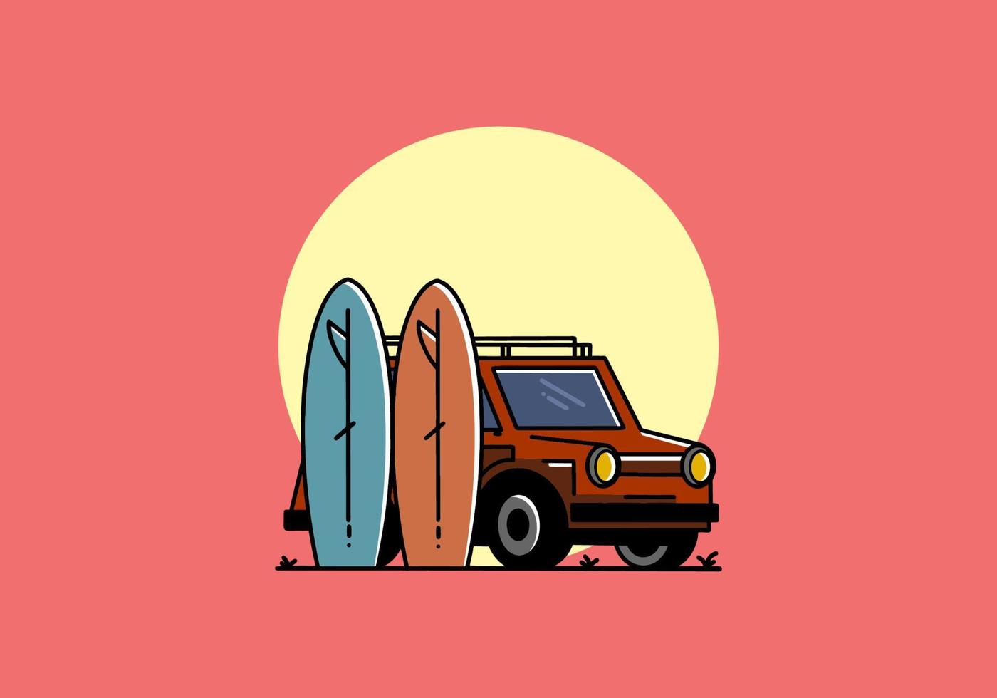 ilustración de coche pequeño y dos tablas de surf vector