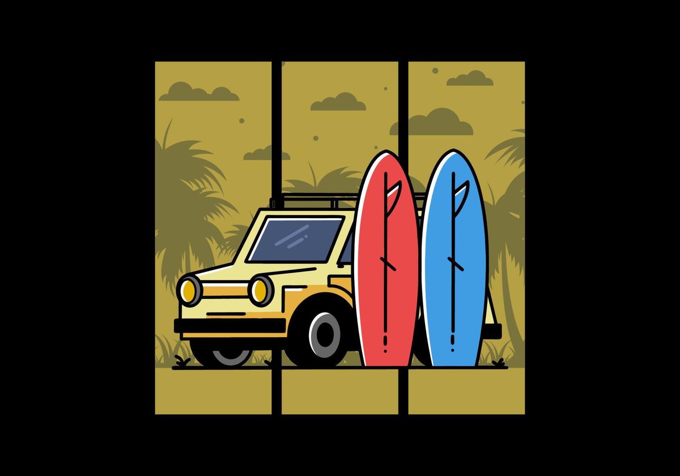 ilustración de coche pequeño y dos tablas de surf vector