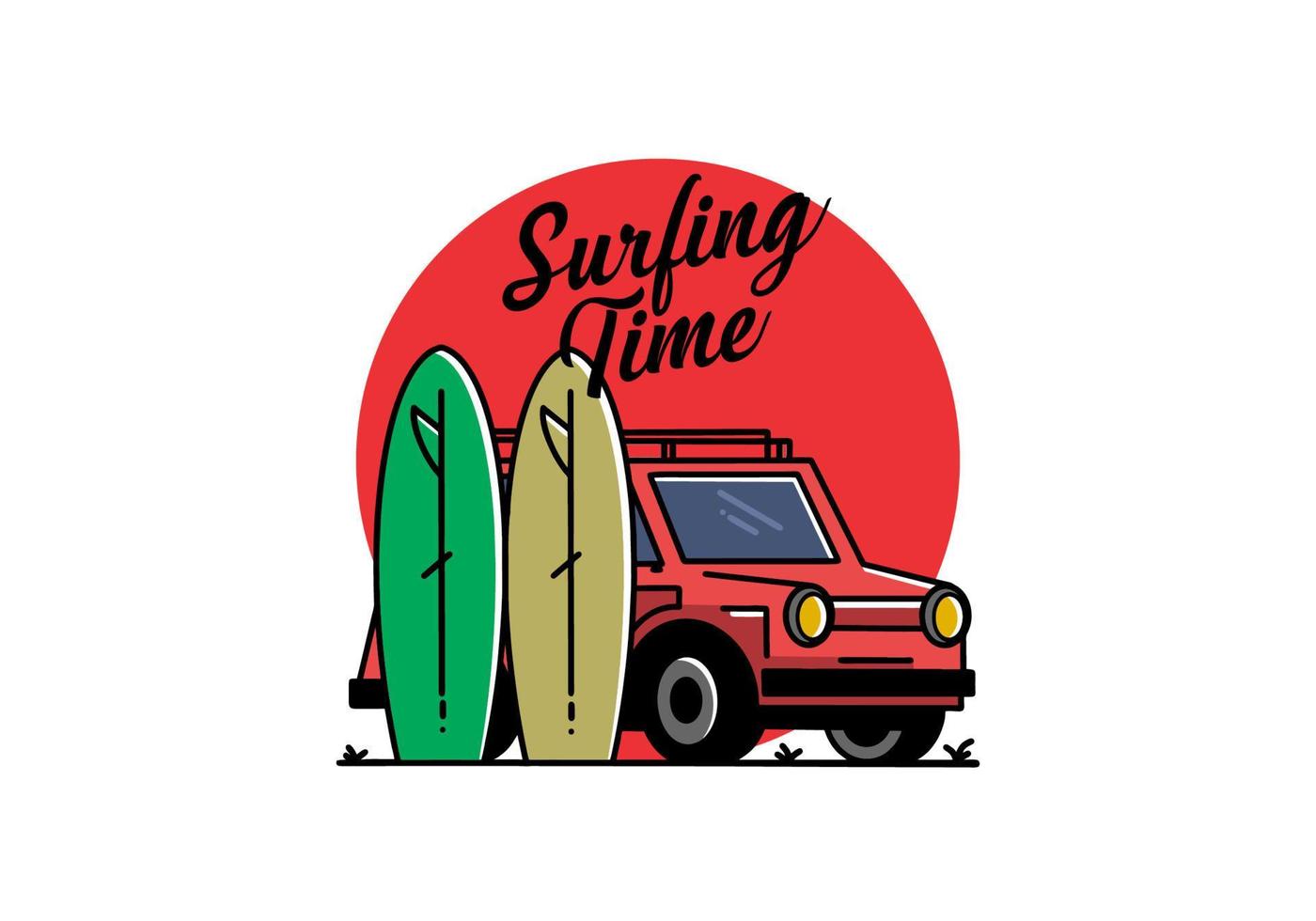 Small car and two surfboards illustration vector