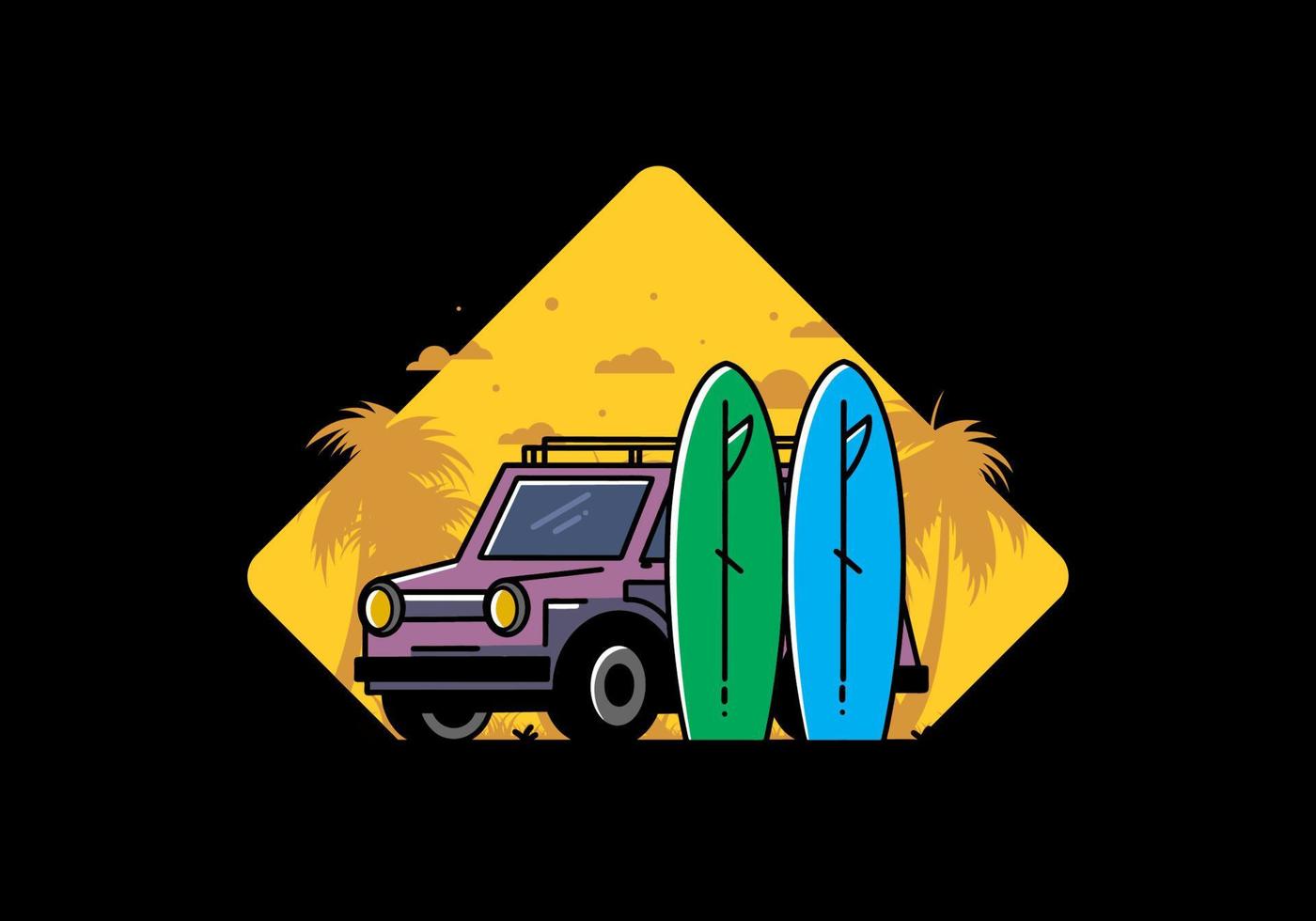 ilustración de coche pequeño y dos tablas de surf vector