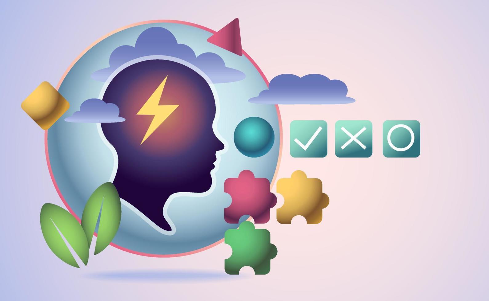 Human head circle with lightning, puzzle pieces, tick marks. Brainstorming concept vector