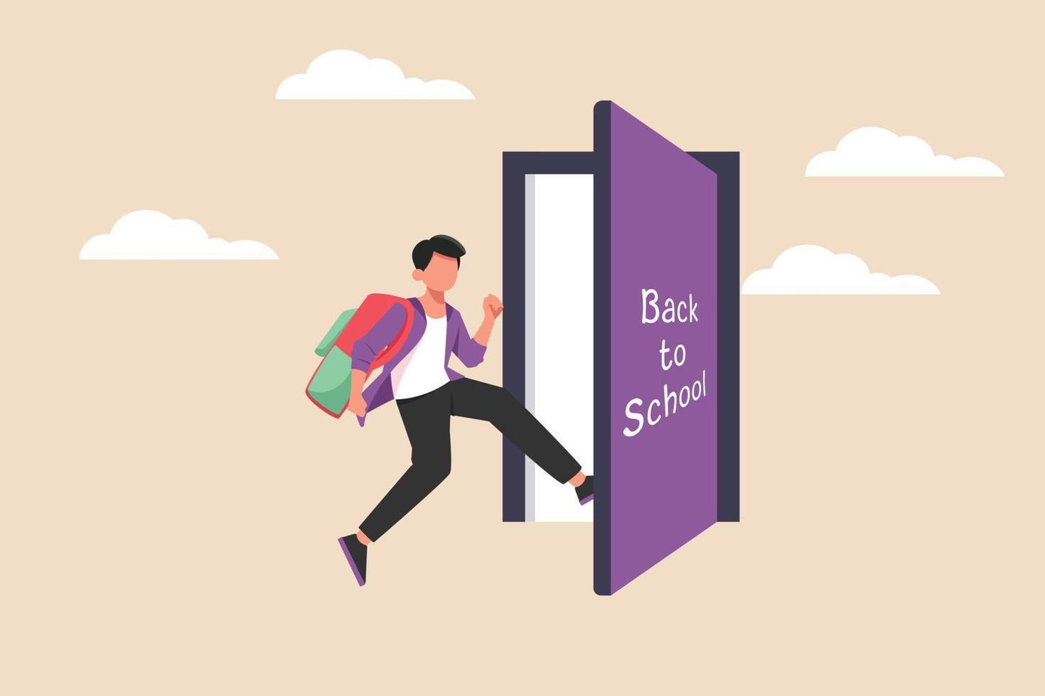 Happy Boy student with his bag open class door. Back to school concept. Colored flat graphic vector illustration isolated.