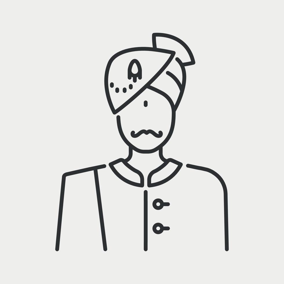 Indian man  line icon. Face with a mustache and turban typical of the traditional Indian country. Bridegroom or military in dress uniform. Vector illustration
