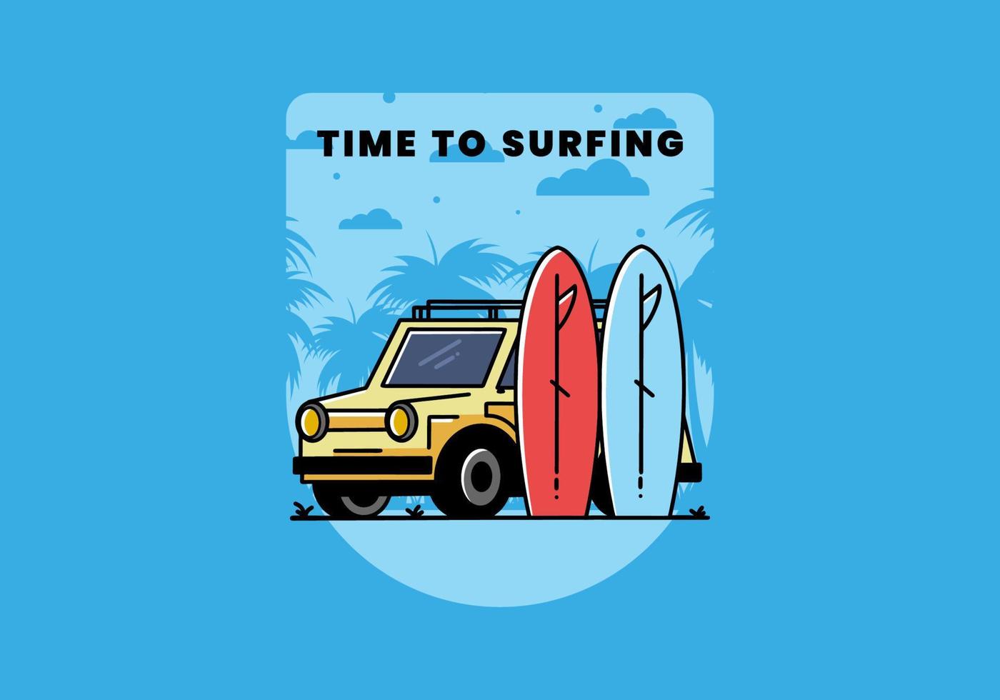 ilustración de coche pequeño y dos tablas de surf vector